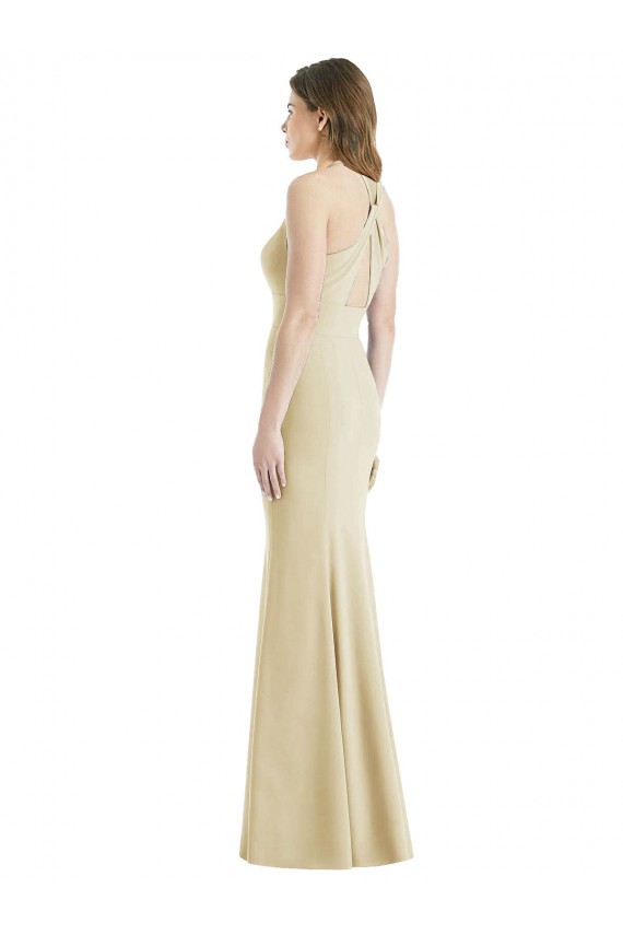 Outlet Sleeveless Stretch Crepe Criss Cross Open Back Trumpet Champagne Semi Formal Evening Dress Canada
