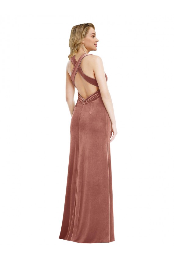 Outlet Sleeveless Stretch Velvet Criss Cross Open Back A-Line Cinnamon Rose Maxi Evening Dress Canada