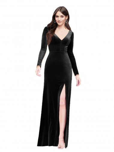 Outlet Long Sleeves Stretch Velvet V-Back Column Black Evening Dress Canada