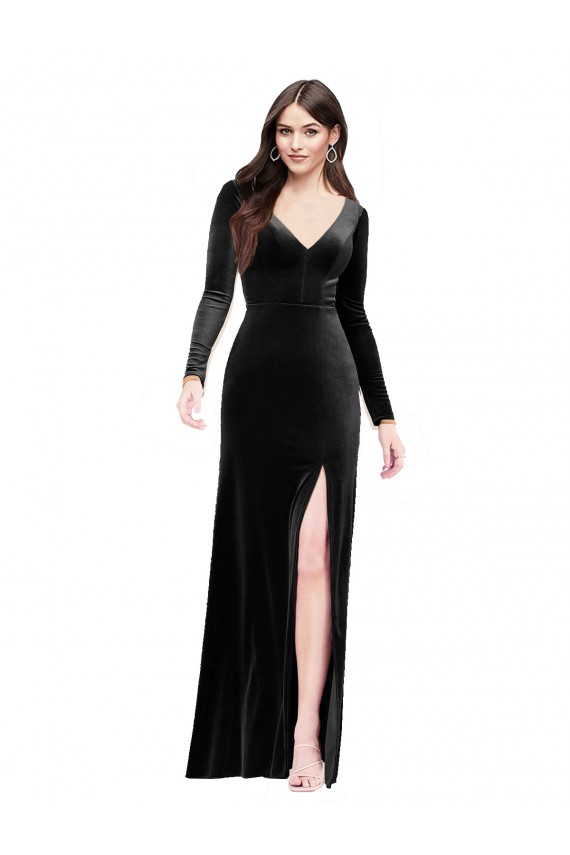 Outlet Long Sleeves Stretch Velvet V-Back Column Black Evening Dress Canada