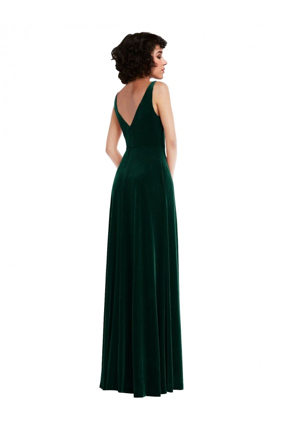 Outlet Sleeveless Stretch Velvet V-Back A-Line Dark Green Maxi Evening Dress Canada