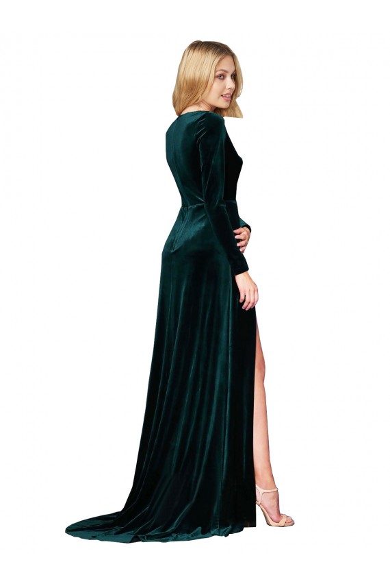 Outlet Long Sleeves Stretch Velvet A-Line Dark Green Evening Dress Canada