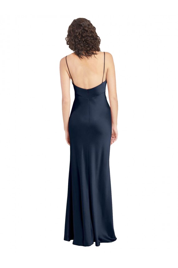 Outlet Sleeveless Stretch Satin Open Back A-Line Dark Navy Evening Dress Canada