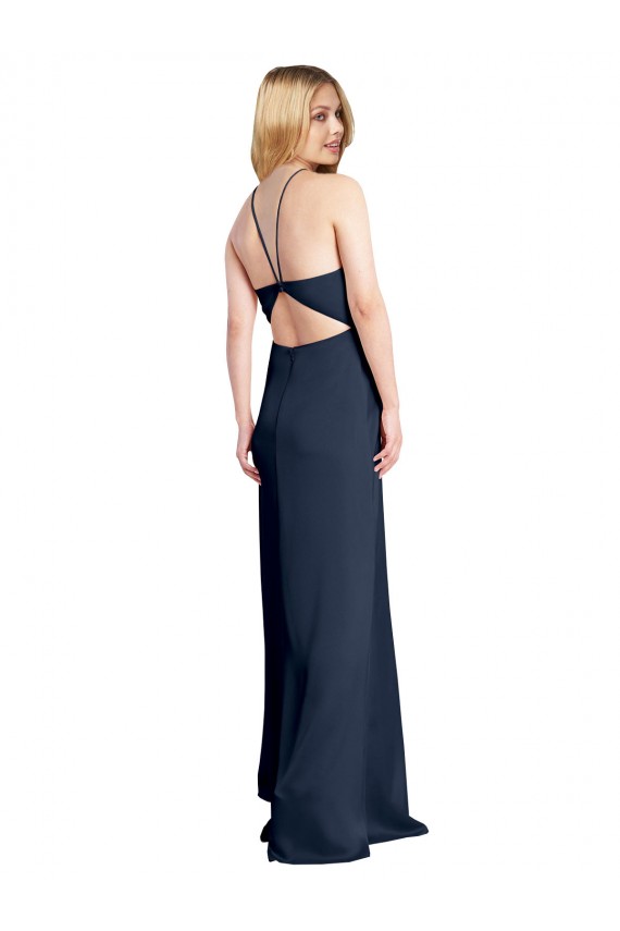 Outlet Sleeveless Stretch Satin Criss Cross Open Back A-Line Dark Navy Evening Dress Canada