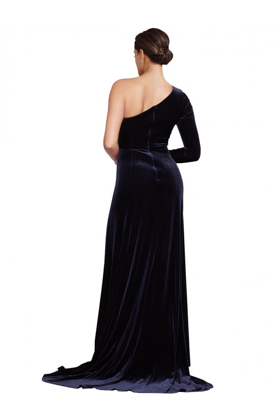Outlet Long Sleeves Stretch Velvet A-Line Dark Navy Evening Dress Canada