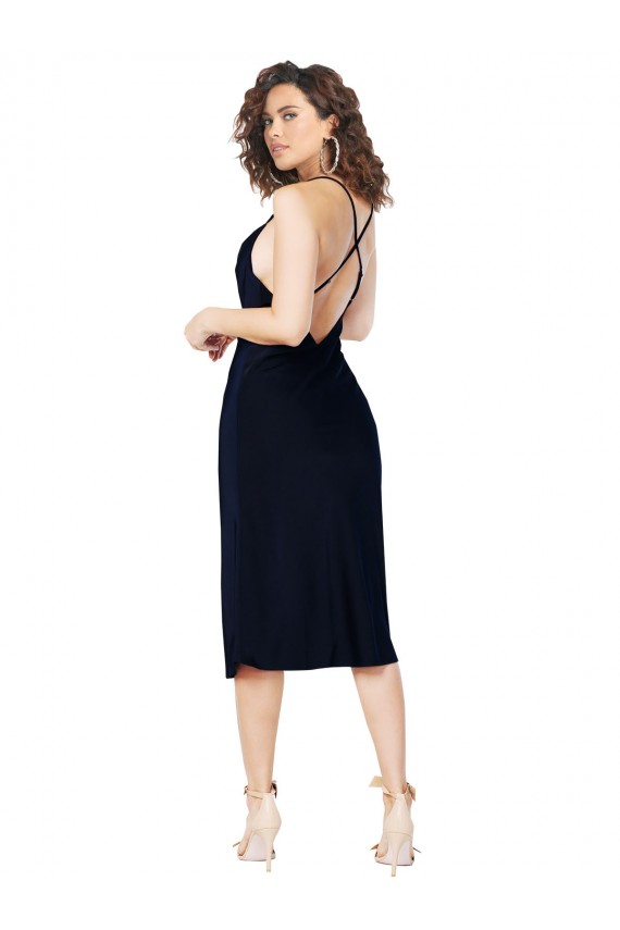 Outlet Sleeveless Silky Satin Criss Cross Open Back A-Line Dark Navy Evening Dress Canada