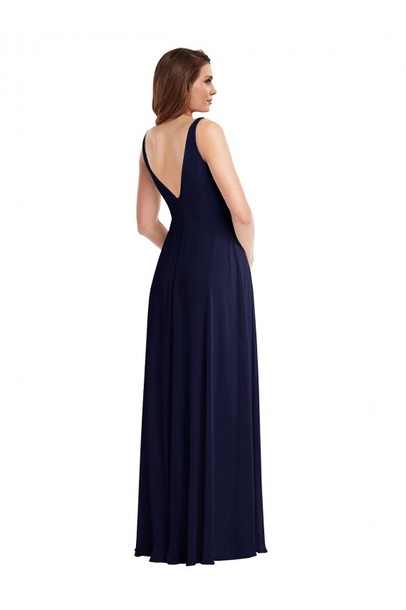 Outlet Sleeveless Soft Chiffon V-Back A-Line Dark Navy Maxi Evening Dress Canada