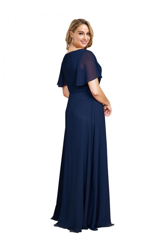 Outlet Short Flutter Sleeves Soft Chiffon A-Line Dark Navy Plus Size Evening Dress Canada