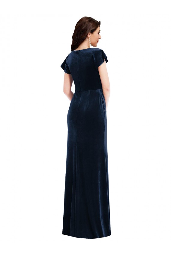 Outlet Flutter Sleeves Stretch Velvet A-Line Dark Navy Maxi Evening Dress Canada