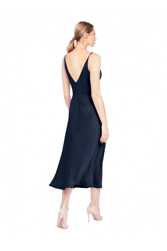Outlet Sleeveless Stretch Satin V-Back A-Line Dark Navy Evening Dress Canada