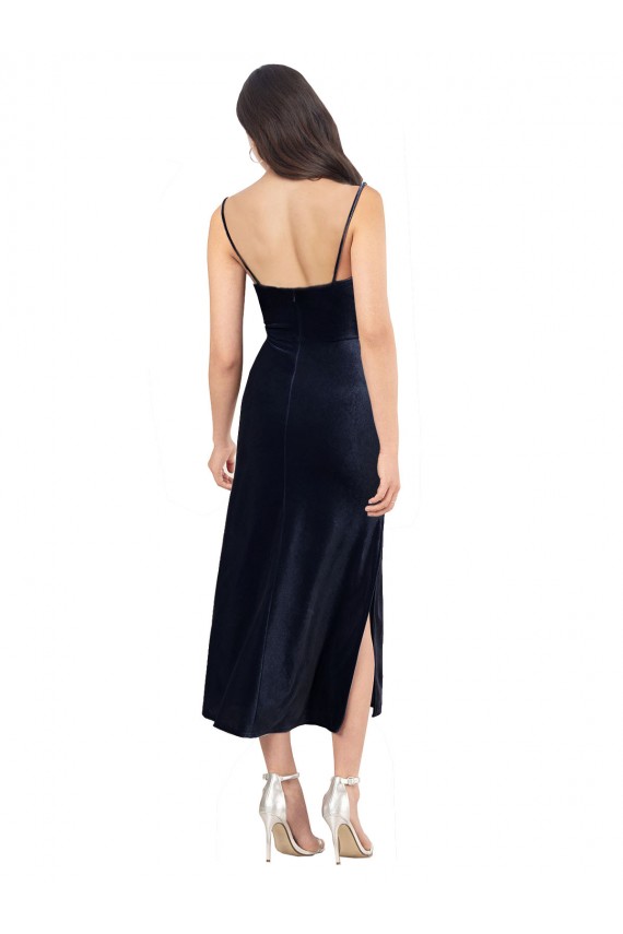Outlet Sleeveless Stretch Velvet Low Back Column Dark Navy Evening Dress Canada