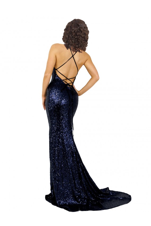 Outlet Sleeveless Sequin Low Back Mermaid Dark Navy Sexy Evening Dress Canada