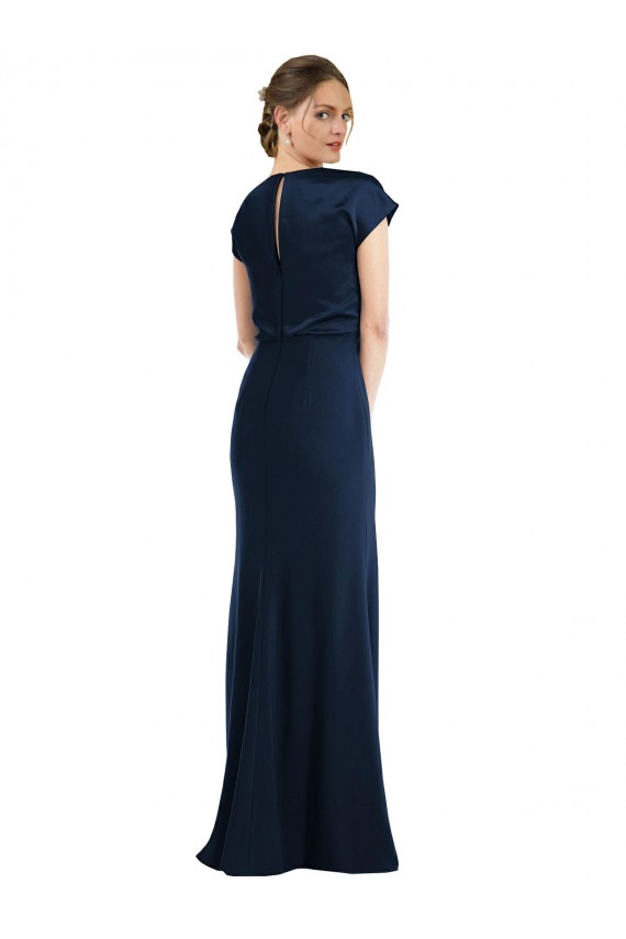 Outlet Cap Sleeves Stretch Crepe Keyhole Back Trumpet Dark Navy Evening Dress Canada