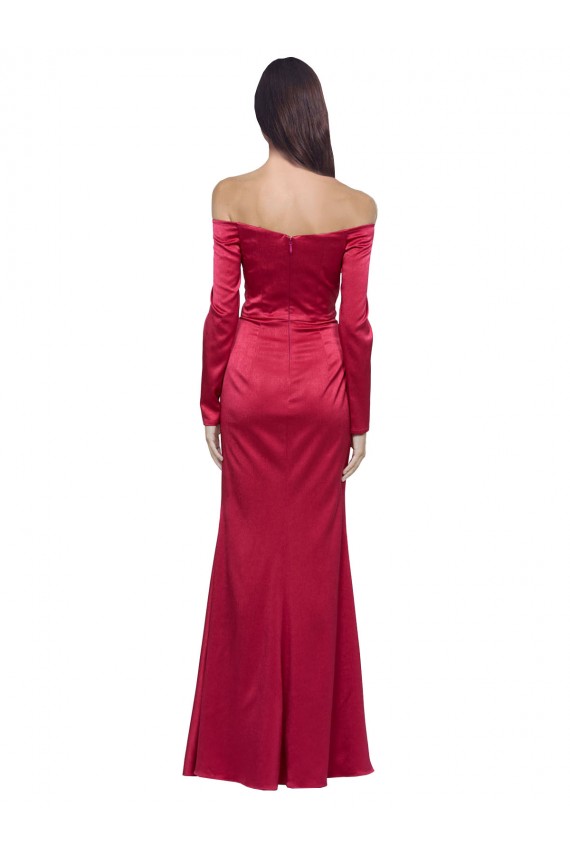 Outlet Long Sleeves Stretch Satin Sheath Dark Red Evening Dress Canada