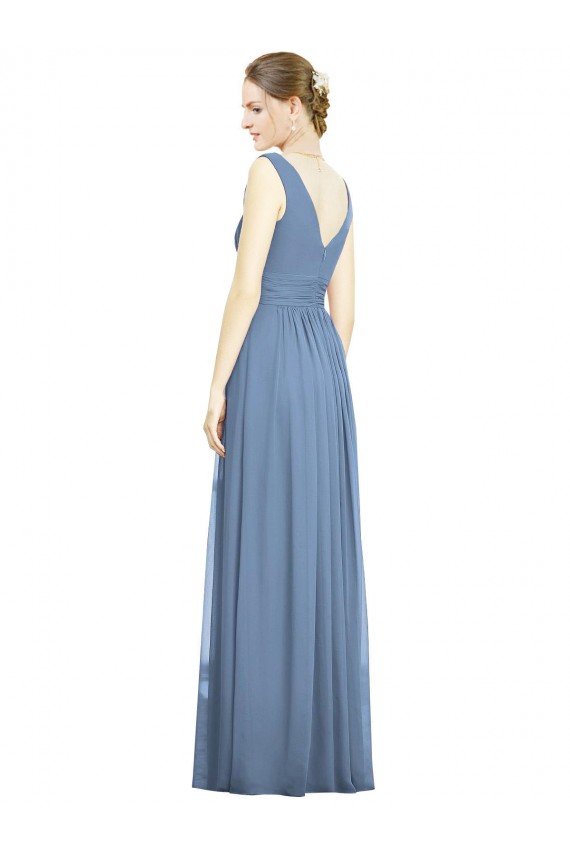 Outlet Sleeveless Soft Chiffon A-Line Dusty Blue Maxi Evening Dress Canada