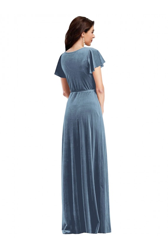 Outlet Flutter Sleeves Stretch Velvet A-Line Dusty Blue Maxi Evening Dress Canada