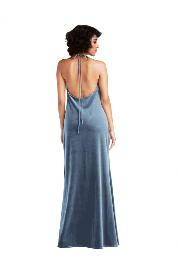 Outlet Sleeveless Stretch Velvet V-Back Sheath Dusty Blue Maxi Evening Gown Canada