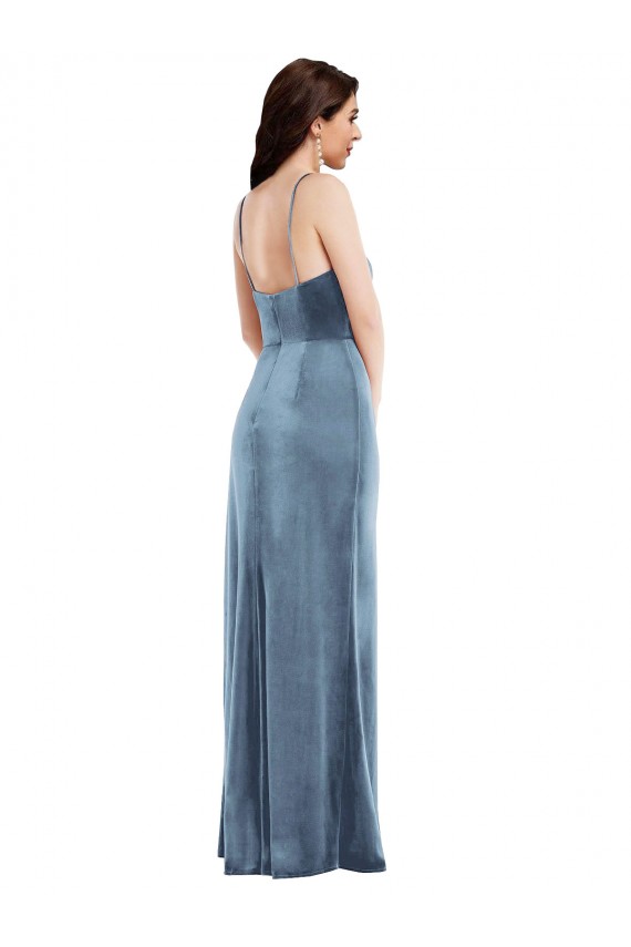 Outlet Sleeveless Stretch Velvet Low Back Trumpet Dusty Blue Evening Maxi Dress Canada