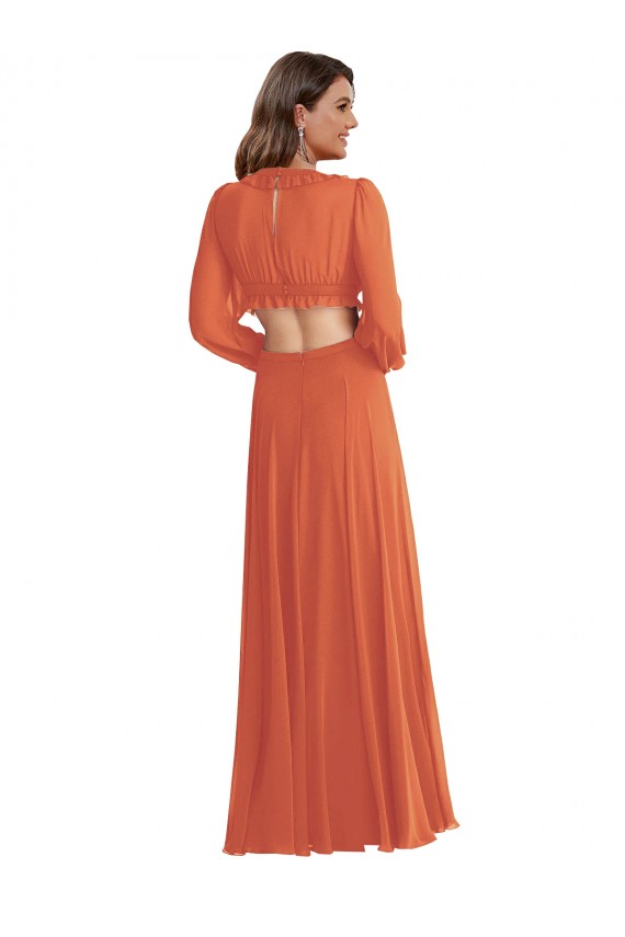 Outlet Long Sleeves Soft Chiffon Open Back A-Line Firecracker Maxi Evening Dress Canada