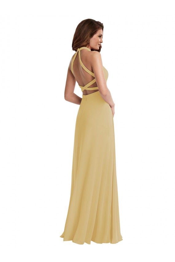 Outlet Sleeveless Soft Chiffon Criss Cross Open Back A-Line Gold Maxi Evening Dress Canada
