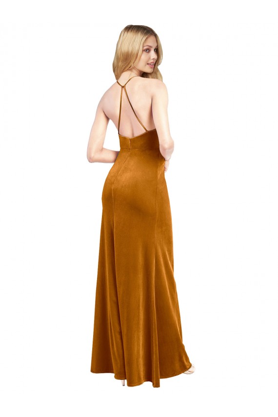 Outlet Sleeveless Stretch Velvet Criss Cross Open Back A-Line Gold Evening Dress Canada