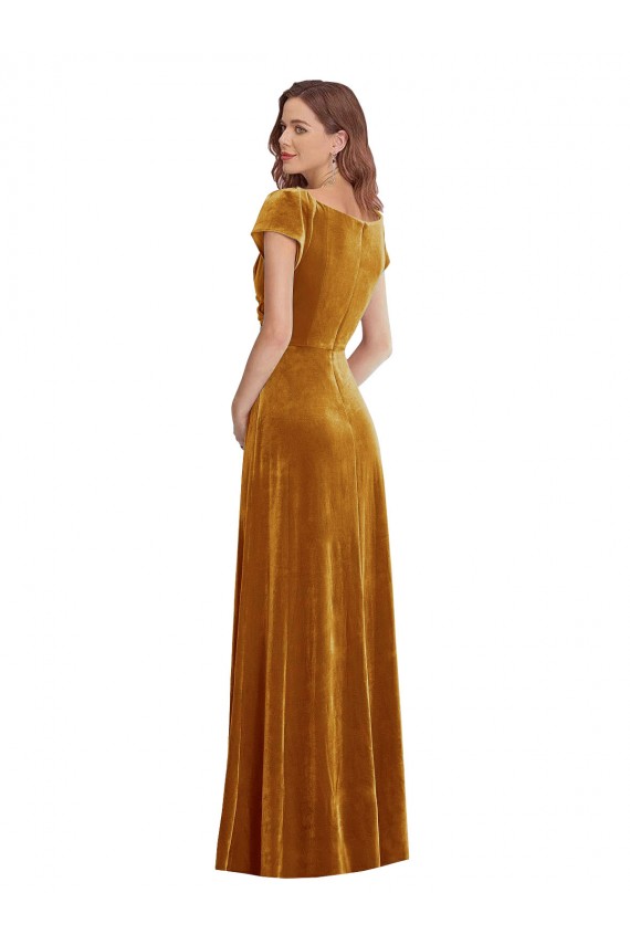 Outlet Cap Sleeves Stretch Velvet Sheath Gold Maxi Evening Dress Canada