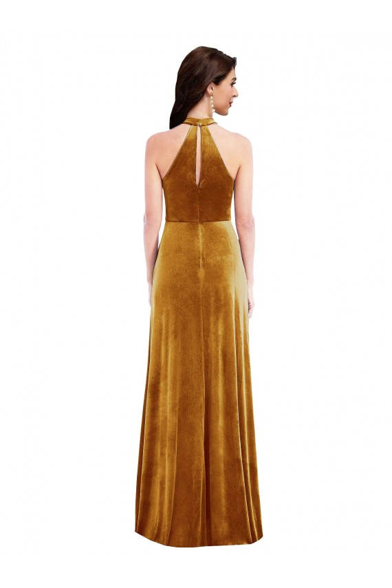 Outlet Sleeveless Stretch Velvet Keyhole Back Trumpet Gold Maxi Evening Dress Canada