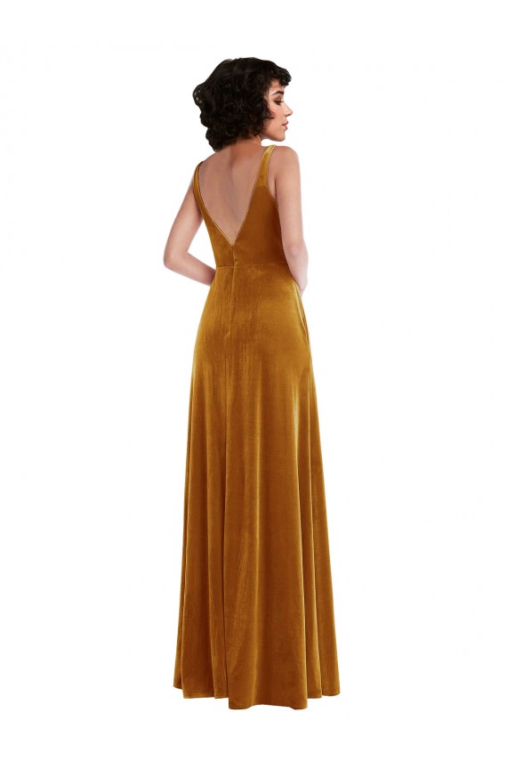 Outlet Sleeveless Stretch Velvet V-Back Trumpet Gold Maxi Evening Dress Canada
