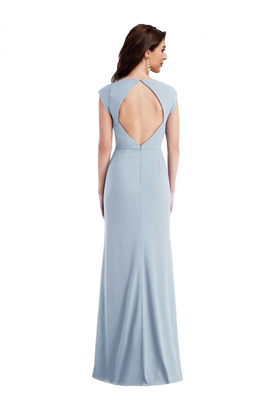 Outlet Cap Sleeves Stretch Crepe Open Back Trumpet Light Sky Blue Maxi Evening Dress Canada