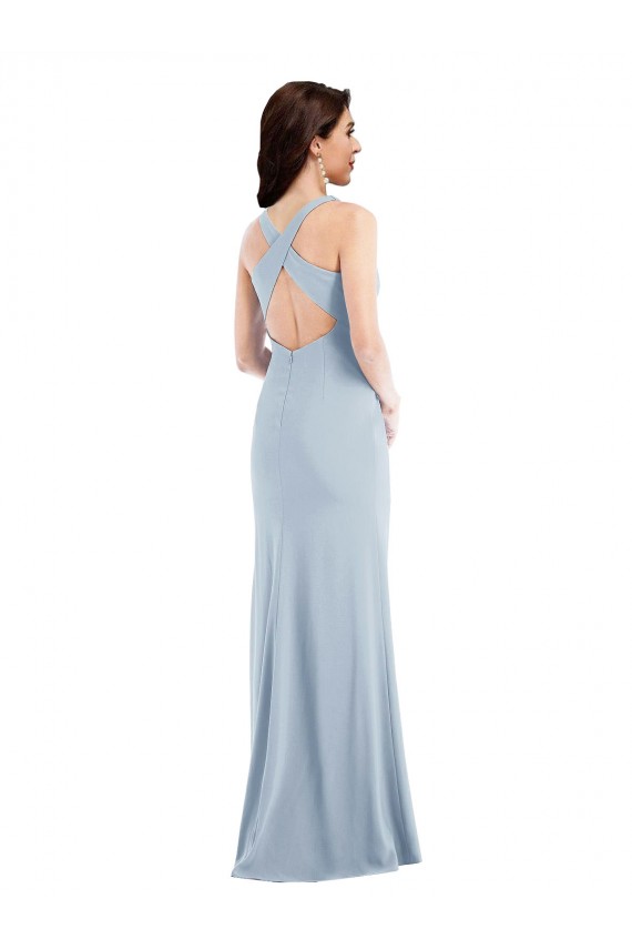 Outlet Sleeveless Stretch Crepe Criss Cross Back Trumpet Light Sky Blue Maxi Evening Gown Canada