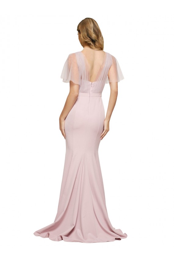 Outlet Short Sleeves Stretch Crepe & Tulle Low Back Sheath Mauve Evening Dress Canada