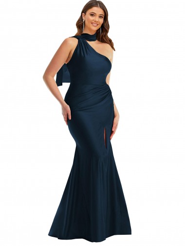 Outlet Sleeveless Silky Satin Mermaid Dark Navy Plus Size Evening Dress Canada