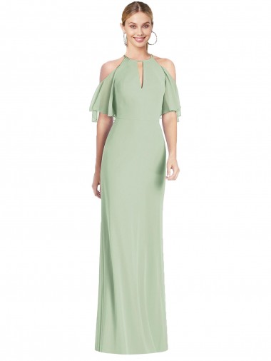 Outlet Cold Shoulder Soft Chiffon Mermaid Sage Maxi Evening Dress Canada