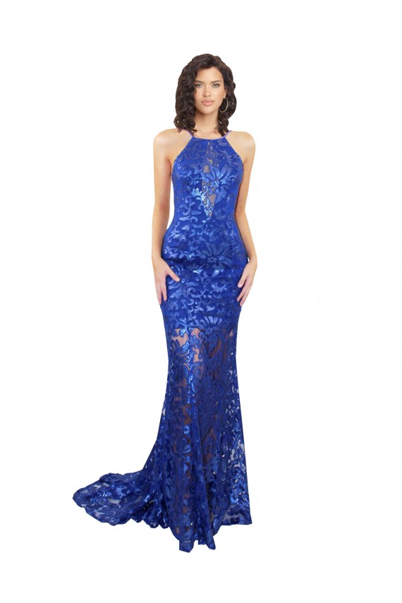 Outlet Sleeveless Lace Open Back Mermaid Royal Blue Semi Formal Evening Dress Canada