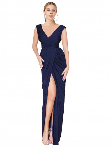 Outlet Sleeveless Soft Chiffon V-Back Mermaid Dark Navy Sexy Evening Dress Canada