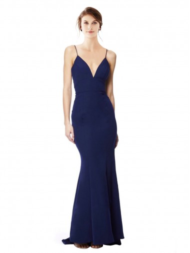 Outlet Sleeveless Stretch Crepe Open Back Mermaid Navy Blue Maxi Evening Dress Canada