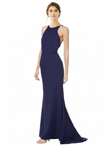 Outlet Sleeveless Stretch Crepe Criss Cross Open Back Mermaid Navy Blue Evening Dress Canada