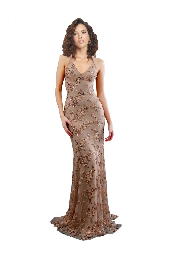 Outlet Sleeveless Stretch Crepe & Sequin Tulle Backless Mermaid Rose Gold Evening Dress Canada