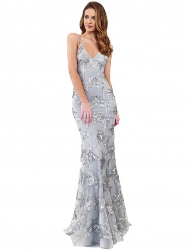 Outlet Sleeveless Stretch Crepe & Sequin Tulle Backless Mermaid Silver Evening Dress Canada