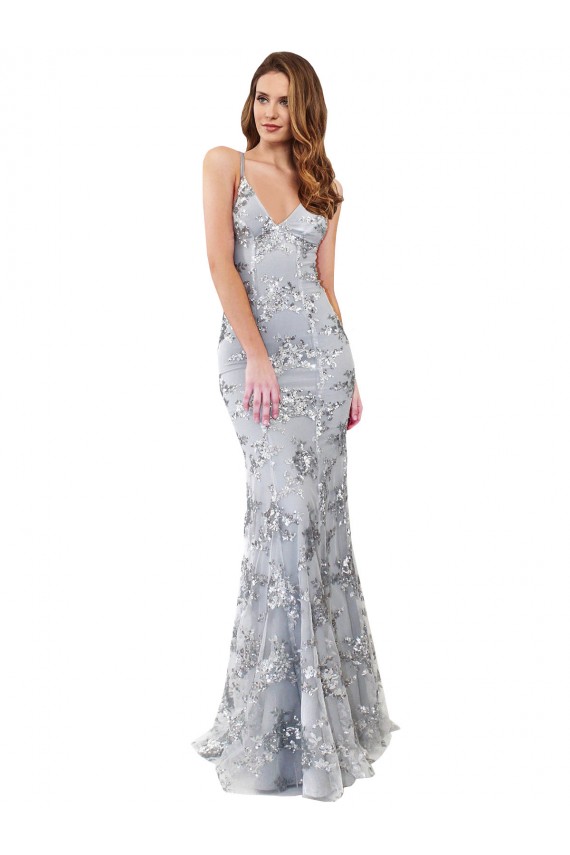 Outlet Sleeveless Stretch Crepe & Sequin Tulle Backless Mermaid Silver Evening Dress Canada