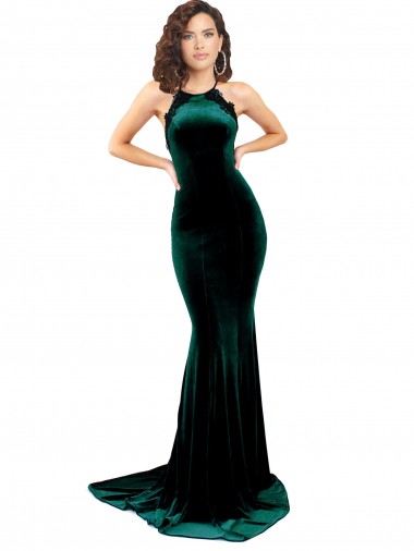Outlet Sleeveless Stretch Velvet Low Back Mermaid Dark Green Evening Dress Canada