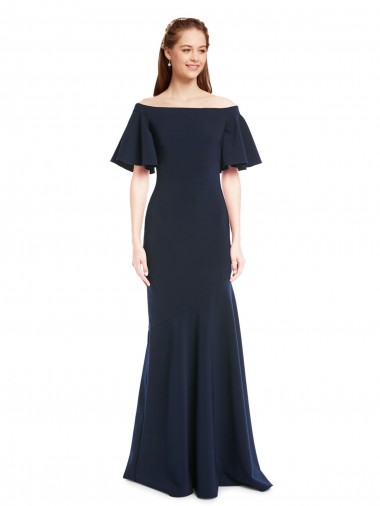 Outlet Short Sleeves Stretch Crepe Mermaid Dark Navy Evening Dress Canada