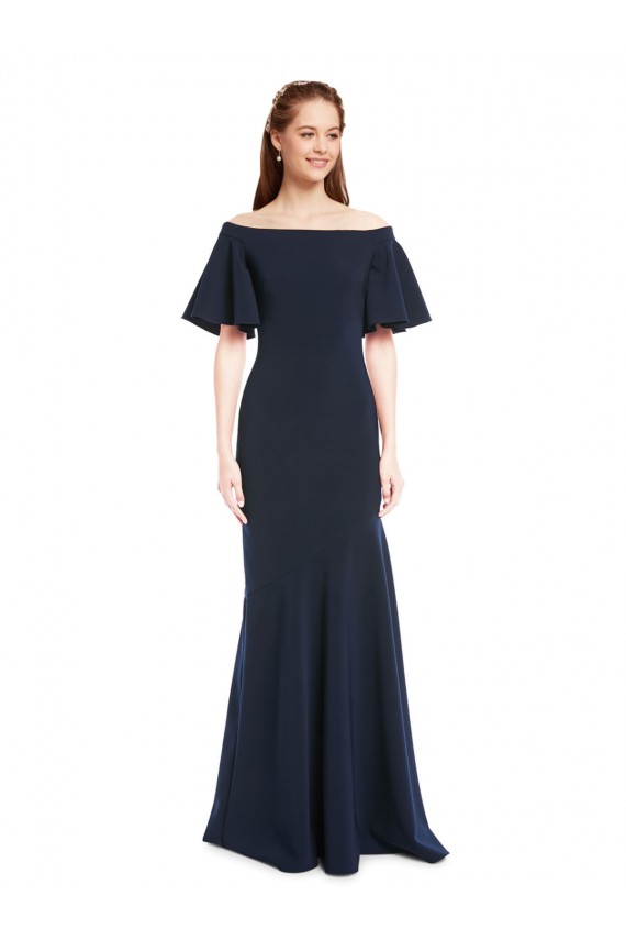 Outlet Short Sleeves Stretch Crepe Mermaid Dark Navy Evening Dress Canada