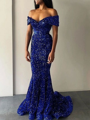 Outlet Sleeveless Velvet Sequin Mermaid Royal Blue Off the Shoulder Evening Dress Canada