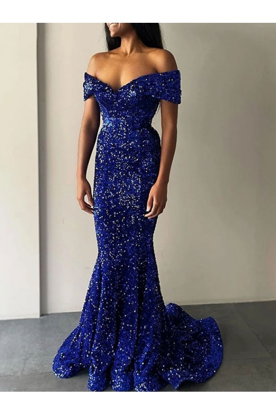 Outlet Sleeveless Velvet Sequin Mermaid Royal Blue Off the Shoulder Evening Dress Canada