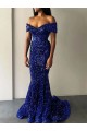 Outlet Sleeveless Velvet Sequin Mermaid Royal Blue Off the Shoulder Evening Dress Canada