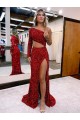 Outlet Long Sleeves Velvet Sequin Mermaid Burgundy High Slit Evening Dress Canada