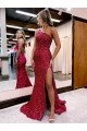 Outlet Sleeveless Velvet Sequin Mermaid Burgundy Evening Dress Canada