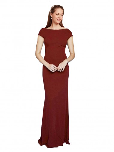 Outlet Cap Sleeves Stretch Crepe Keyhole Back Mermaid Burgundy Evening Dress Canada