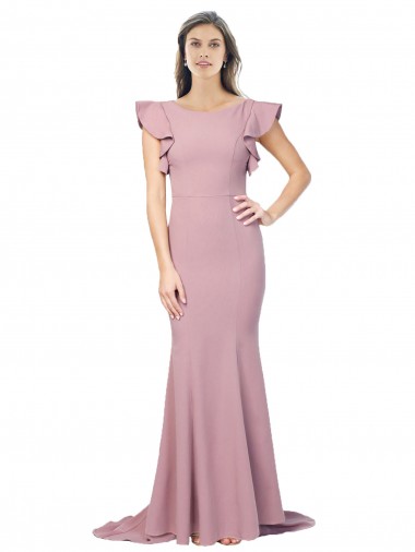 Outlet Flutter Sleeves Stretch Crepe Low Back Mermaid Dusty Pink Evening Dress Canada